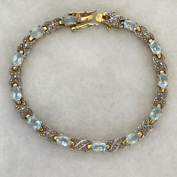 Vintage 925 Yellow Gold Vermeil Silver Tennis Bracelet Natural Blue Topaz Gemsto - Picture 3 of 12